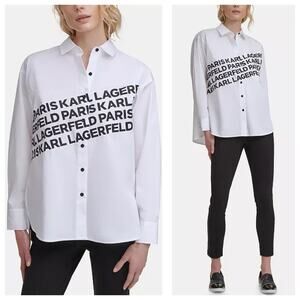 NWT Karl Lagerfeld Women's Long Sleeve Angled Logo White Buttondown Size XL